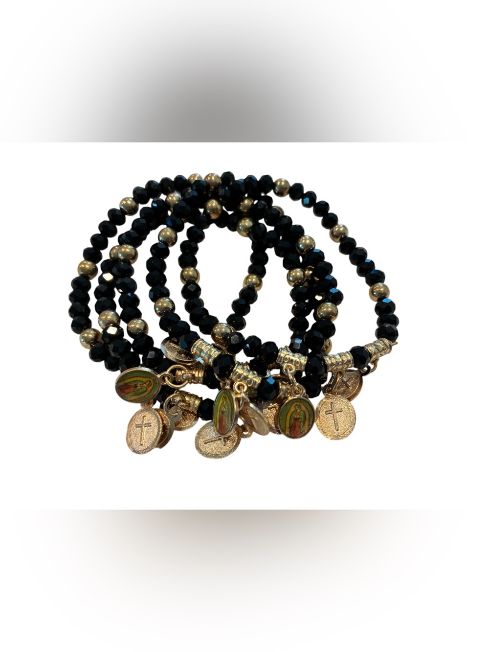Black and Gold Beaded Religious Charm Bracelet Set